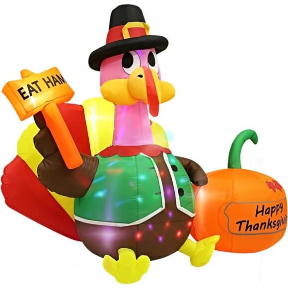 6FT Inflatable Turkey Blow Up with Built-in Colorful LED Rotating Lights - Picture 3 of 12